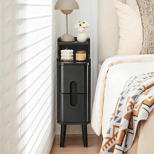 Black Narrow Nightstand, Wood 2 Drawer Small Nightstand, Slim Side Table, Modern Skinny End Bedside Table, Wood Night Stand with Drawers for Bedroom (Black-1 pc)
