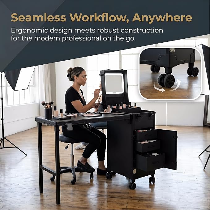 Portable Manicure Table with Storage – Travel Nail Desk | 360° Swivel Wheels Rolling Case, Professional Mobile Salon Station, Cosmetic Makeup Organizer Cart for Tech On the Go