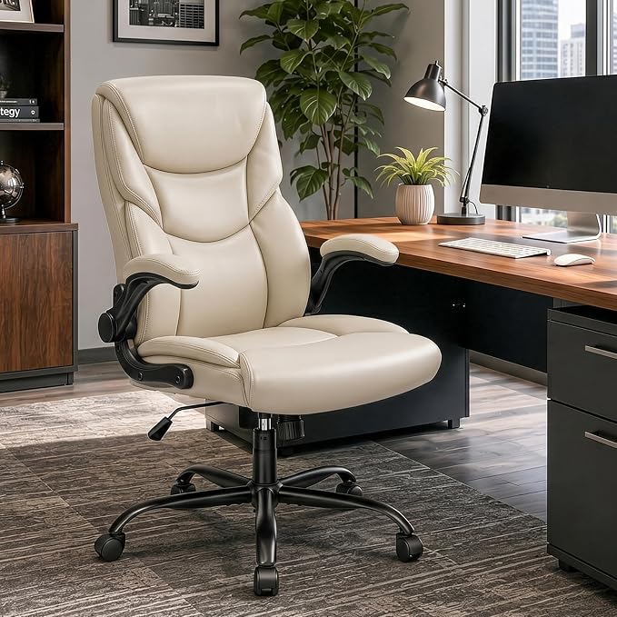 Sweetcrispy Office Executive Chair - Heavy Duty High Back Home Desk Chair with Flip-up Armrest, PU Leather, Height Adjustable & Swivel Rolling with Wheels, Beige