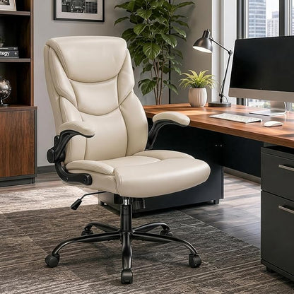 Sweetcrispy Office Executive Chair - Heavy Duty High Back Home Desk Chair with Flip-up Armrest, PU Leather, Height Adjustable & Swivel Rolling with Wheels, Beige