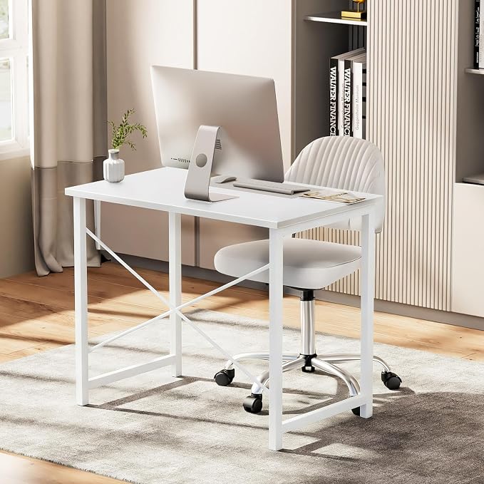 Sweetcrispy Computer Desk 31 Inch Home Office Desks for Small Spaces, Gaming Writing Study Work Table with Storage Bag and Headphone Hook for Bedroom, White
