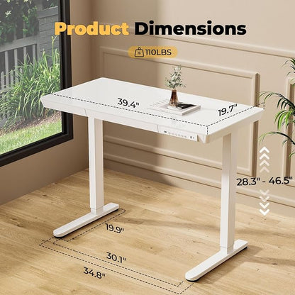 Glass Electric Standing Desk with Drawer, 40" x 20" Whole Piece Samll Sit Stand Table, Height Adjustable Desk with Storage & USB Ports, Quick Install Home Office Computer Desk, White