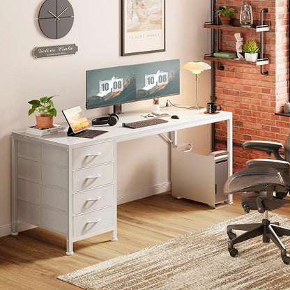 PRAISUN 55.1 Inch Computer Office Desk with Power Outelts and USB-C Port, Reversible Gaming Desk with 4 Fabric Drawers, Work Study Desk Work from Home, White