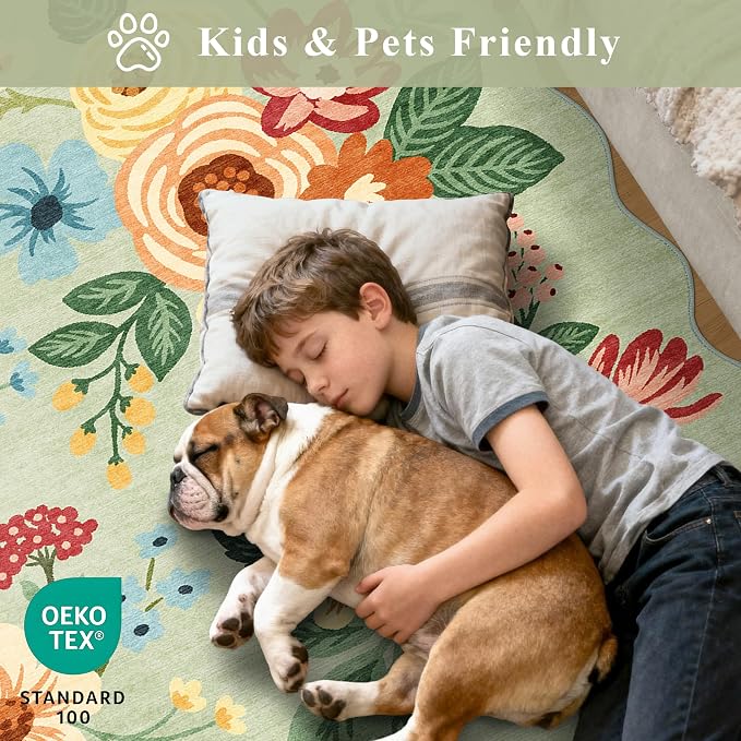 DUKINO 2x6 Runner Rug for Hallway, Washable Kitchen Rug with Non Slip Backing & Non-Shediing, Soft Low Pile Floral Design Runner for Bedroom, Kithchen, Living Room, Laundry, Bathroom, Green