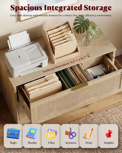 HOPUBUY 2 Drawer File Cabinet with Lock, Printer Stand Lateral Filing Cabinets for Home Office and School, Wood Rattan File Cabinet for Hanging Files/Letter/Legal/A4/F4 Size, Natural Wood