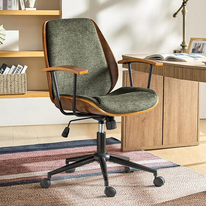 Modern Ergonomic Office Chair with Wood Frame & Metal Base, Swivel Home Office Desk Chairs with Adjustable Height, Comfy Upholstered Computer Chair, Green