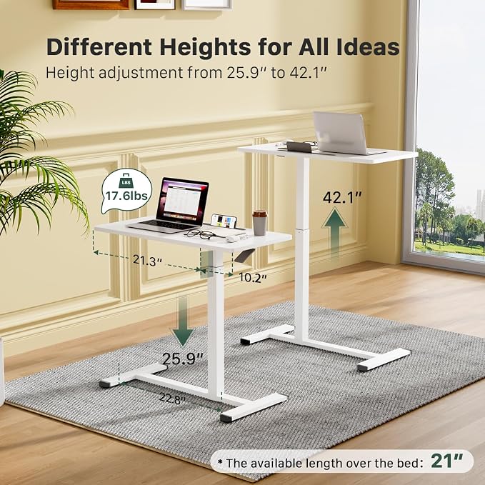 Gibbon Mounts Mobile Standing Desk, 32Inch Pneumatic Adjustable Rolling Desk, Portable Laptop Desk with Wheels, Overbed Bedside Table Laptop Table for Couch, Home, Office, White