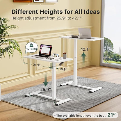 Gibbon Mounts Mobile Standing Desk, 32Inch Pneumatic Adjustable Rolling Desk, Portable Laptop Desk with Wheels, Overbed Bedside Table Laptop Table for Couch, Home, Office, White