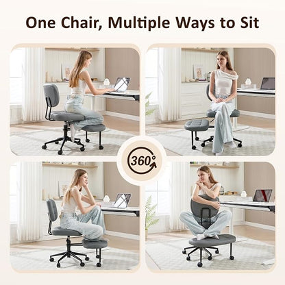 Criss Cross Chair Armless Office Chair for Cross Legged Sitting, 300lb Heavy Duty Ergonomic Desk Chair for ADHD, Adjustable Meditation Yoga Kneeling Chair with Brake Wheels for Home Office (Grey)