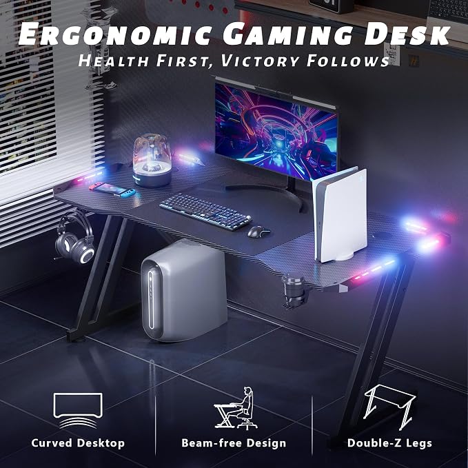 HLDIRECT 63 Inch Gaming Desk with LED Lights, Large RGB Computer Gaming Desk Table with Cup Holder Headphone Hook Mouse Pad, Ergonomic Modern Carbon Fiber Mesa Gamer Pc Work Home Office Desks, Black