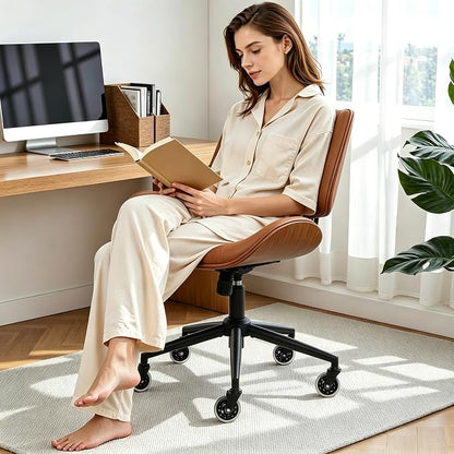 Armless Office Chair with Wheels, Ergonomic Leather Chair, Mid Back 360 Swivel Computer Chair, Modern Walnut Desk Chair for Small Space, Reading, Meeting Room, Brown, Faux Leather