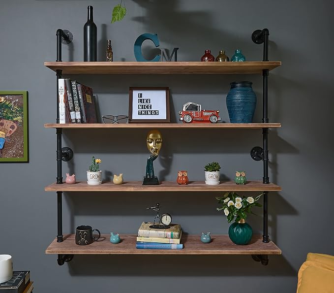 HDDFER Floating Bookshelf Shelves Industrial Pipe Shelving Floating Pipe Shelf with Wood Planks 48 inch Industrial Wall Shelves Rustic Hanging Bookshelf Farmhouse Kitchen Shelving