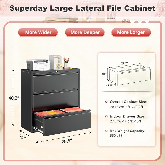 Superday Lateral File Cabinet 3 Drawer Metal File Cabinet with Lock, Black Filing Cabinets for Home Office, Locking Filing Cabinets Hanging Files Letter/Legal/F4/A4