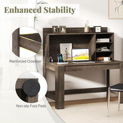 Giantex Computer Desk with Hutch, Modern Home Office Desk with Power Outlets, Storage Shelves & Cable Hole, Makeup Vanity Table, Study Writing Desk for Bedroom Office Small Space (Grey Oak)