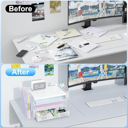 gianotter Wood Desk Organizers and Accessories with File Holder, 4-Tier Desk Accessories & Workspace Organizers with Drawer and 2 Pen Holder, Desk Reference Organizer (White, 4T with Metal Drawer)