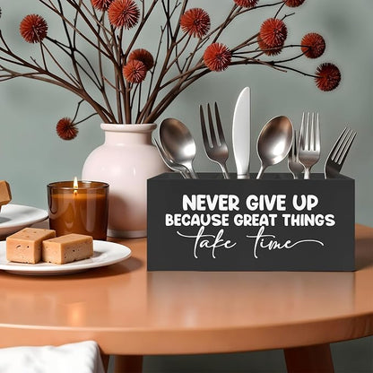 Inspirational Quotes Pencil Pen Holder for Desk, Never Give Up Because Great Things Take Time Wooden Pencil Holder Organizer for Home Office Desk Accessories, Gifts for Coworker