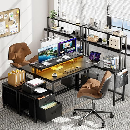 REAHOME 70 Inch L Shaped Desk with File Drawers and Reversible Storage Shelves, Computer Desk with Power Outlet & LED Strip, Home Office Desks, Writing Study Desk for Bedroom, Carbon Fiber Black