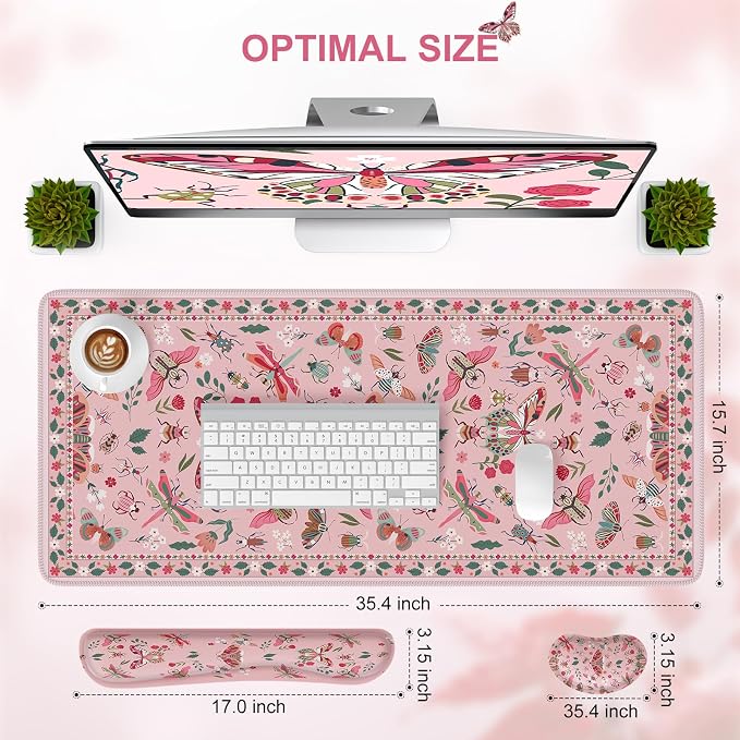 iCasso Large Mouse pad for Desk, Computer Desk Mat, 3Pcs XXL Keyboard and Mouse Pad + Keyboard Wrist Rest, Desk Matt for Desktop, Easy Typing Pain Relief Ultra Thick Mousepad Keyboard Mat(Pink)