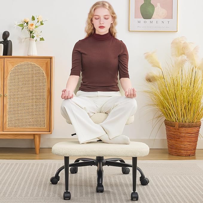 Ergonomic Cross Legged Office Chair for ADHD Adults, Criss Cross Desk Chair with Back Support, Swivel Meditation Chair with Wheels, Adjustable Height (White, Teddy Fabric)