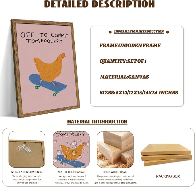 Framed Off to Commit Tomfoolery Wall Art, Vintage Fun Chicken Canvas Print, Whimsical Chicken on Skateboard Picture Wall Decor, Humorous Animal Painting for Living Room Bedroom 8x10 inch