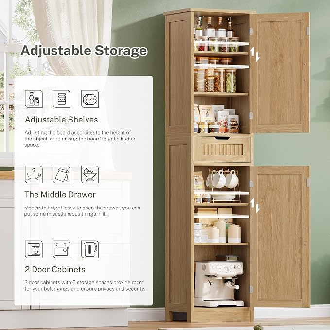 Iwell Tall Narrow Storage Cabinet with 1 Drawer and 2 Doors, Fluted Cabinet with Adjustable Shelves, Rattan Kitchen Cabinet for Bathroom, Living Room, Kitchen, Natural Oak