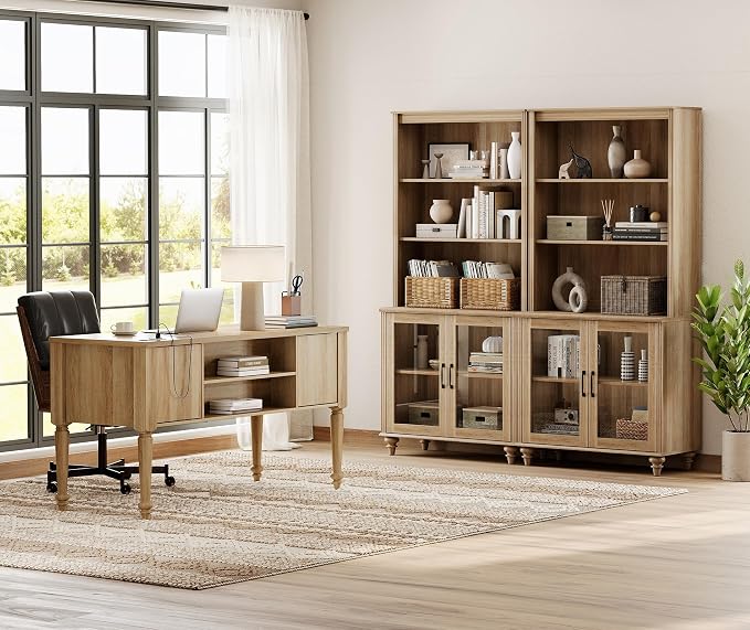 WAMPAT Home Office Furniture Set, 56'' Executive Desk with Charging Station, 72" Tall Bookcase with 4 Glass Doors, Wood Computer Desk with File Cabinet Storage, Open Shelf, Oak