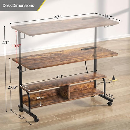 Armocity Rolling Standing Desk with Charging Station, Portable Height Adjustable Mobile Computer Desk with Wheels & 2-Tier Shelves & Hooks, Easy Assembly Laptop Table for Couch Bed, 47" Rustic Brown