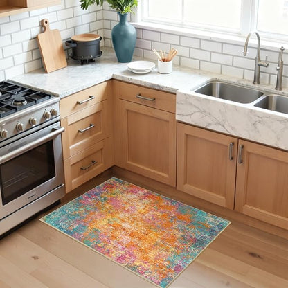 RELEANY Washable Area Rugs 2'x3' Non-Slip Modern Abstract Soft for Living Room Entryway Bedroom Kitchen, Print Pattern, Orange Blue Pink Yellow Colorful