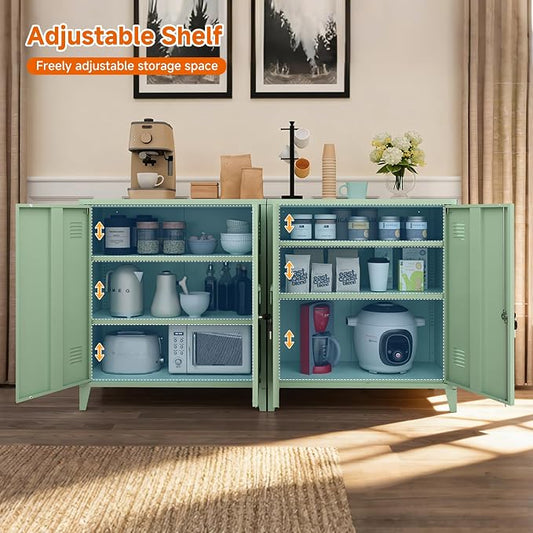 Metal Storage Cabinet Locking Storage Cabinet (Green) | With 2 Adjustable Shelves and Doors, Small Storage Cabinet for Home Warehouse Office Garage