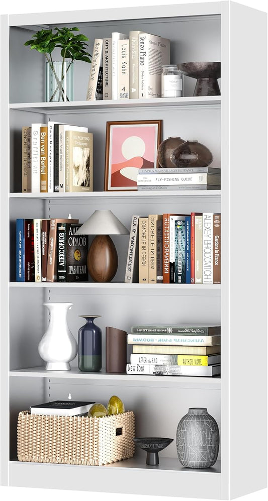 VASAAOSD 66" Tall Metal Bookcase, 5 Shelf White Bookcase with Adjustable Shelves, Large Bookshelves and Bookcases, Modern Book Shelf Storage Organizer for Living Room, Home Office, Library