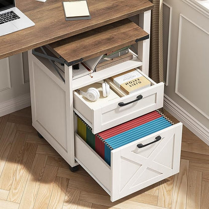 Farmhouse Filing Cabinet with Open Storage Space & Wheels, Office Filing Vertical Cabinet with 2 Drawers, Printer Stand for Hanging Files Letter/A4, Under Desk Storage Cabinets for Home Office. White