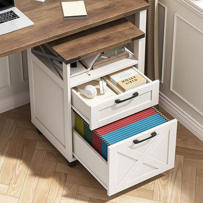 Farmhouse Filing Cabinet with Open Storage Space & Wheels, Office Filing Vertical Cabinet with 2 Drawers, Printer Stand for Hanging Files Letter/A4, Under Desk Storage Cabinets for Home Office. White