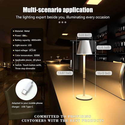 Timjorman Modern LED Cordless Table Lamp, 4000mAh Rechargeable Battery, 3 Level Brightness Night Light, Metal Shell, Minimalist Design, for Couples Dinner/Coffee Table/Restaurant/Bedroom, White