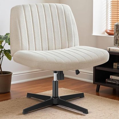 DUMOS Criss Cross Chair No Wheel Legged Office Wide Comfy Desk Vanity Chair, Armless Computer Task Seating PU Leather, Swivel Home Height Adjustable for Bedroom, Study, Beige No Wheel