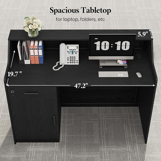 Reception Desk with Counter, Front Desk with Storage Cabinet and Drawer, 47 inch Modern Retail Counter with Cable Grommet for Checkout, Barber, Beauty Salon, Home Office