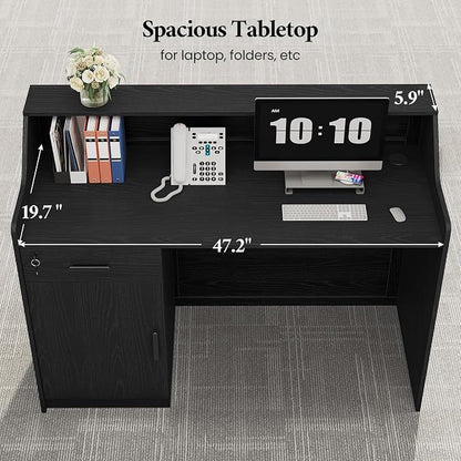Reception Desk with Counter, Front Desk with Storage Cabinet and Drawer, 47 inch Modern Retail Counter with Cable Grommet for Checkout, Barber, Beauty Salon, Home Office