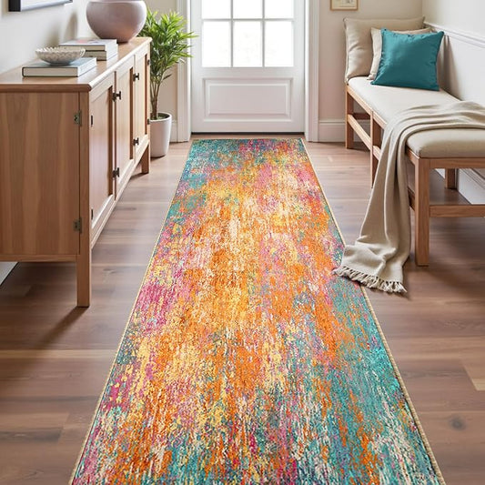 RELEANY Washable Area Rugs 2'x10' Non-Slip Modern Abstract Soft for Living Room Entryway Bedroom Kitchen, Print Pattern, Orange Blue Pink Yellow Colorful
