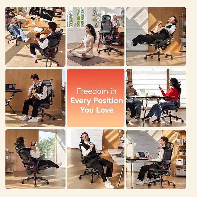 SIHOO B100 PRO Mesh Office Chair with Footrest, Ergonomic Office Chair with Adaptive Lumbar Support, Desk Chair with Wide Headrest, Computer Chair with 360° Rotatable Flip-Up Armrests, Light Black
