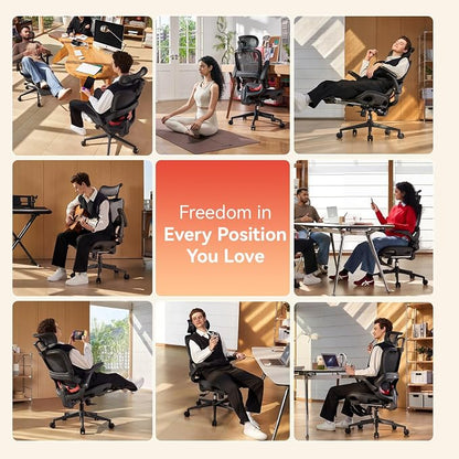SIHOO B100 PRO Mesh Office Chair with Footrest, Ergonomic Office Chair with Adaptive Lumbar Support, Desk Chair with Wide Headrest, Computer Chair with 360° Rotatable Flip-Up Armrests, Light Black