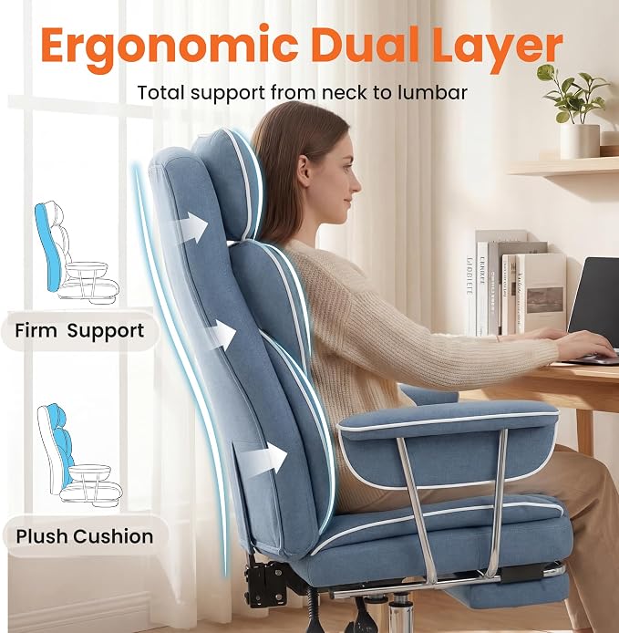 NEO CHAIR Big and Tall Office Chair Gaming Computer Chair High Back Heavy Duty Desk Chai with Lumbar Support Adjustable Recliner Footrest Wide Seat Fabric Executive Home with Wheels (Fabric Blue)