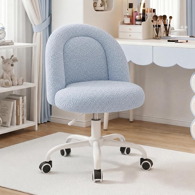 DurayLoly Cute Vanity Chair with Wheels, Ultra-Soft Teddy Fleece Swivel Desk Chair with Adjustable Height for Teens & Adults, Ideal for Bedroom, Vanity Table & Dorm, Poetic Blue