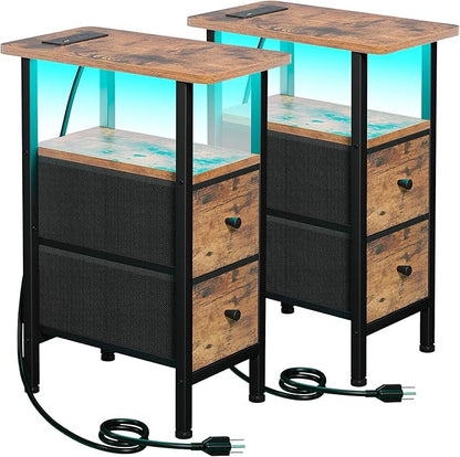 LOAKEKEL Narrow Nightstand with Charging Station, End Tables Living Room Set of 2, Skinny Side Table with Fabric Drawers, Small Sofa Table with LED Light for Bedroom, Brown, HETNDP02LBR