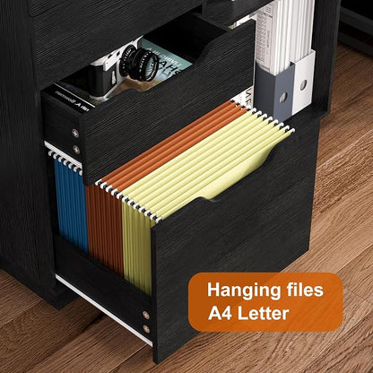TQVAI 4 Drawer Filing Cabinet Organizer with 2 Open Shelves, Heavy Duty for Storing Letter A4 Size and Printer, Wood Lateral File Cabinets for Home Office, Hanging Files, Black, Easy Assembly