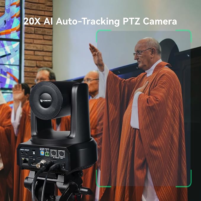 TONGVEO AI Auto-Tracking PTZ Camera: 20X Optical Zoom 1080P 60fps HDMI SDI USB PoE Video Camera for Church Worship Live Streaming, Conference Room Webcam for OBS