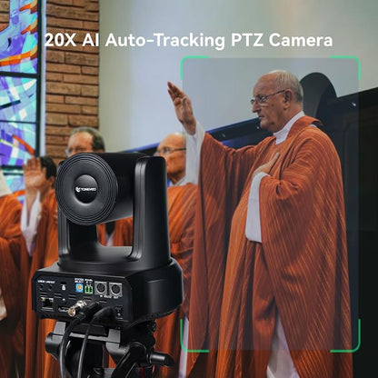 TONGVEO AI Auto-Tracking PTZ Camera: 20X Optical Zoom 1080P 60fps HDMI SDI USB PoE Video Camera for Church Worship Live Streaming, Conference Room Webcam for OBS