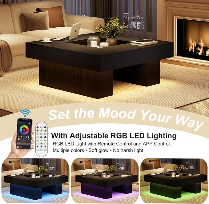 LVB Black Coffee Table, Modern Wood Led Living Room Table with Storage, Unique Large Wide Square Center Table with LED Light, Contemporary Low Tea Table for Bedroom Home Office, 39.37 Inch, Black Oak