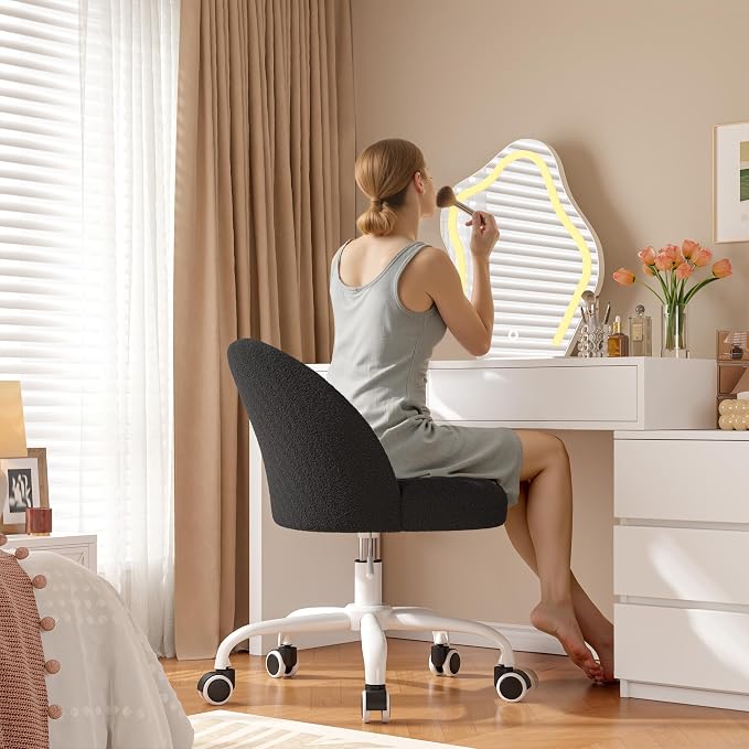DurayLoly Vanity Chair with Back, Cute Desk Chair with Wheels, Armless Chair with Height Adjustable & 360° Swivel, Soft Lumbar Support for Small Space, Bedroom, Black