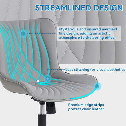 YOUNIKE Office Chair, Armless Desk Chair with Wheels, Adjustable Swivel Rolling Home Office Computer Task Chairs, Modern Faux Leather Upholstered Vanity Chair, Grey