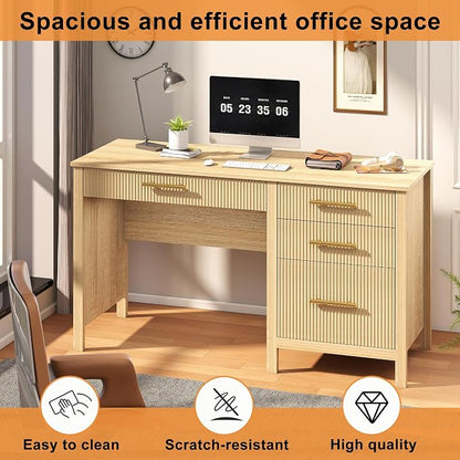 Modern Executive Desk with Drawers: 55" Oak Home Office Desks with File Drawers, Fluted Desk with Storage, Wood Computer Desks for Work, Study and Living Room (Oak, 54")
