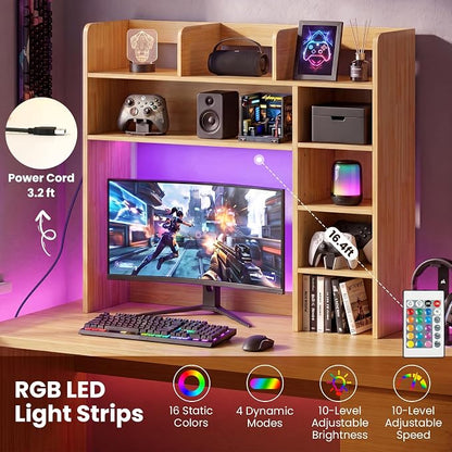 LDAILY Desktop Bookshelf with LED Lights, 35.5’’ Wooden Desk Shelf with 8 Cubes & 3 Adjustable Storage Shelves, 5-Tier Desk Hutch for Dorm College Office Computer Monitor Up to 25’’(Burlywood)